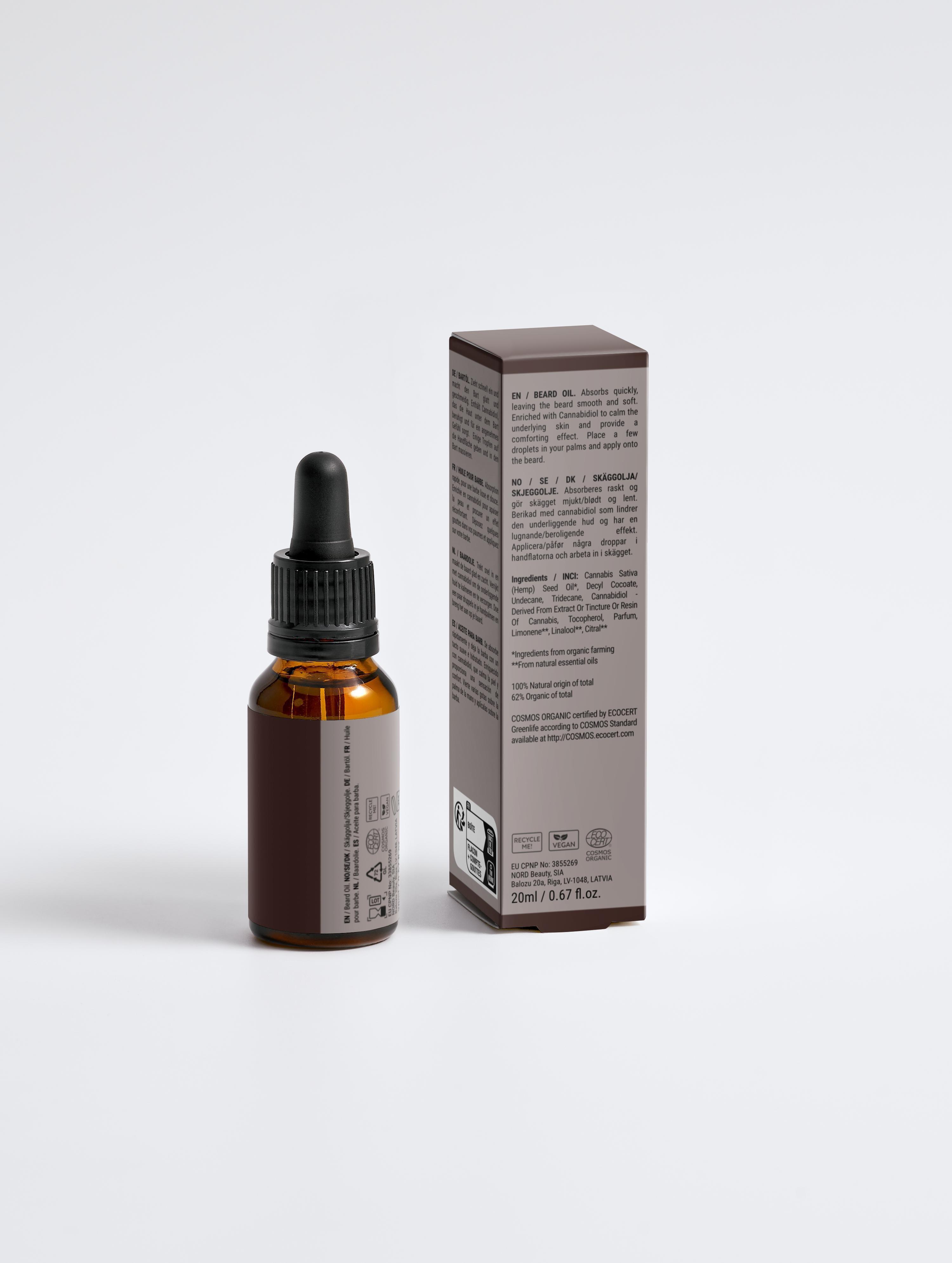Eclat Soin Softening Beard Oil in a brown glass bottle with dropper and grey packaging